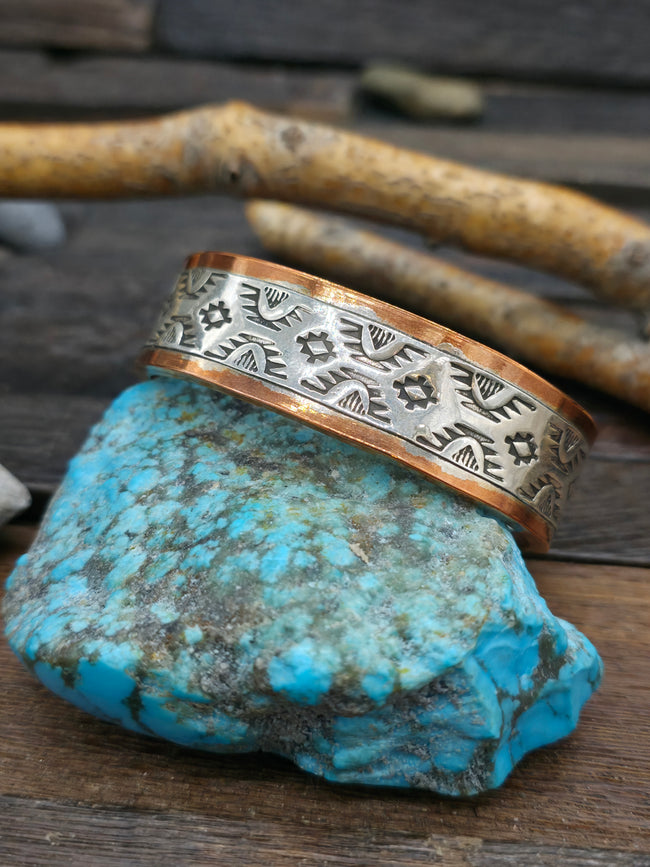 Copper and Stamped Sterling Silver Cuff by Wylie Secatero - 6 1/2 in. w/Gap