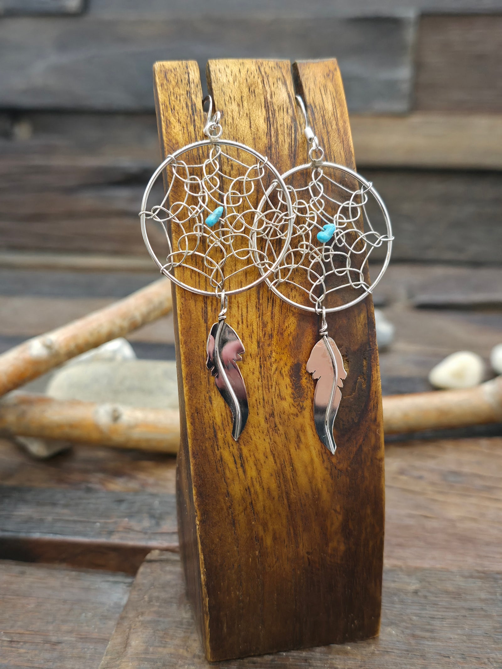 Large Sterling Silver and Turquoise Dreamcatcher Earrings