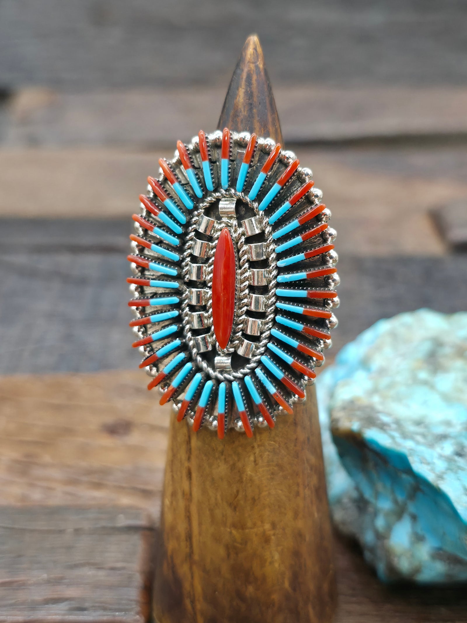 Sterling Silver Turquoise and Coral Needlepoint Ring by Baron Cooeyate - Size 10