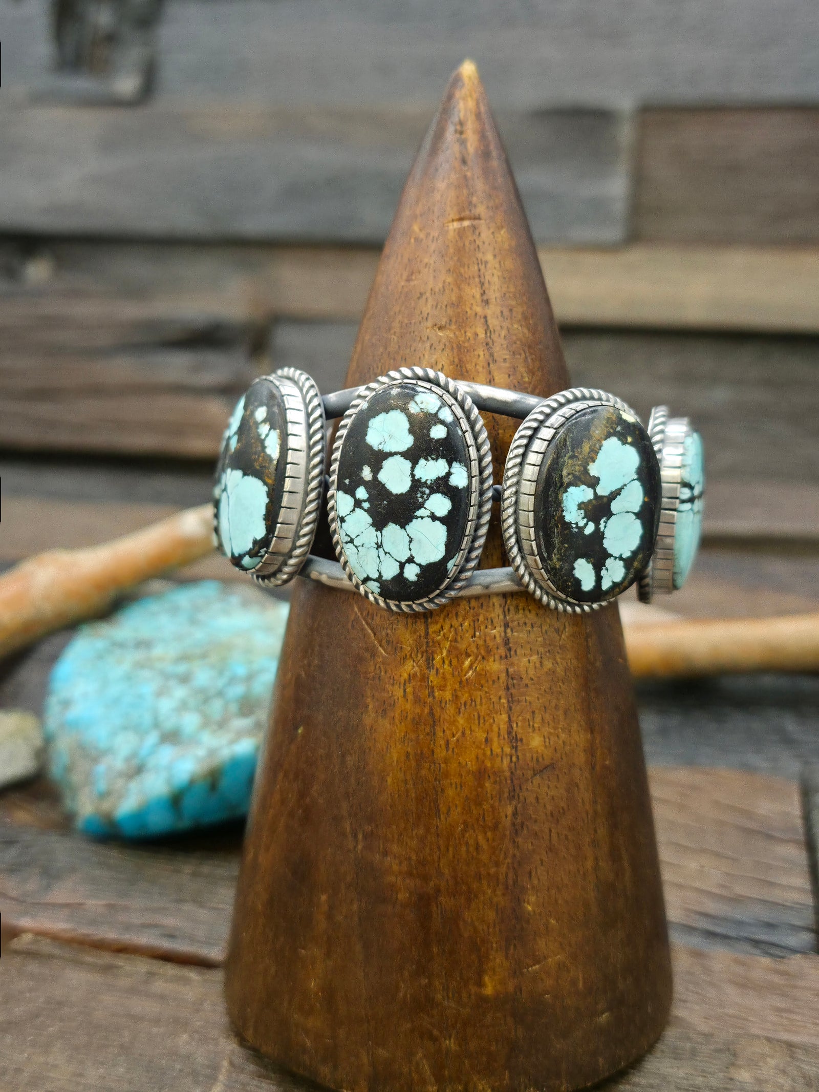 Sterling Silver Sky Horse Turquoise Five Stone Cuff Bracelet by Walter Vandever - 6 1/2 in. with Gap