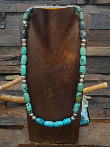 Blue Turquoise and Sterling Silver Bead Bracelet - 8 in.
