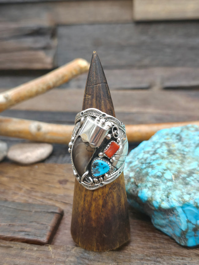 Sterling Silver Ring with Bear Claw, Turquoise, and Coral by A. Bahe - Size 13 1/2