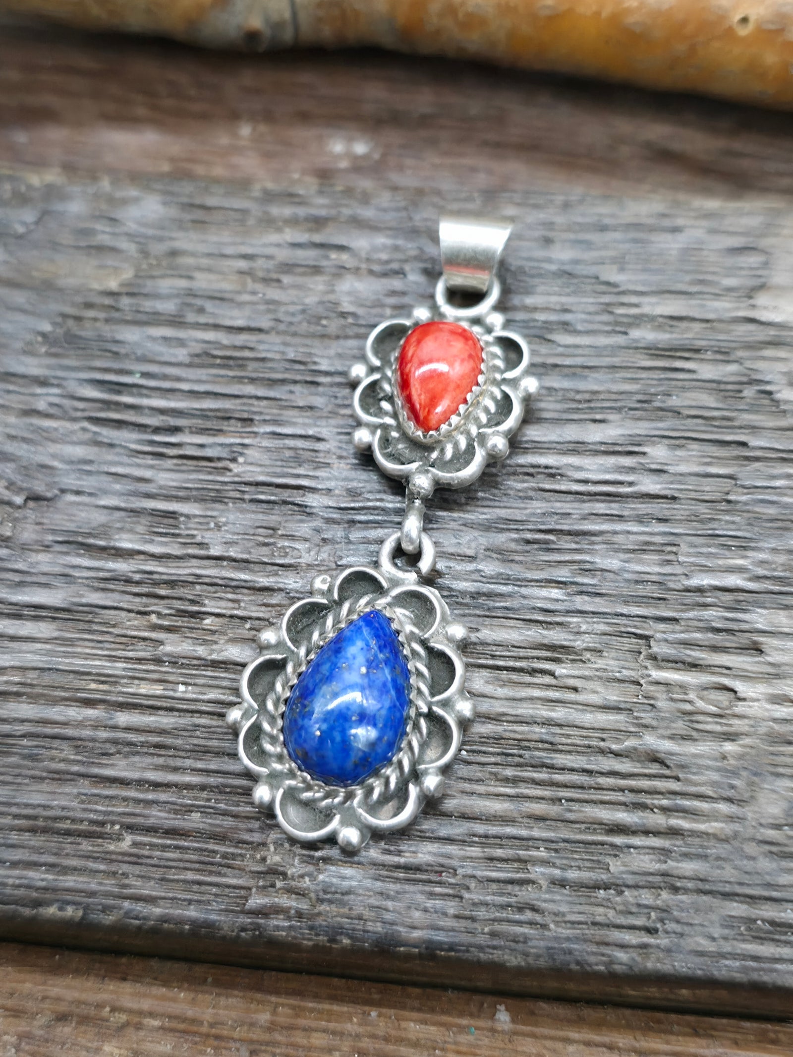 Sterling Silver Red Spiny and Lapis Two Stone Pendant by Fredia Martinez - 1 3/4 in by 5/8 in.