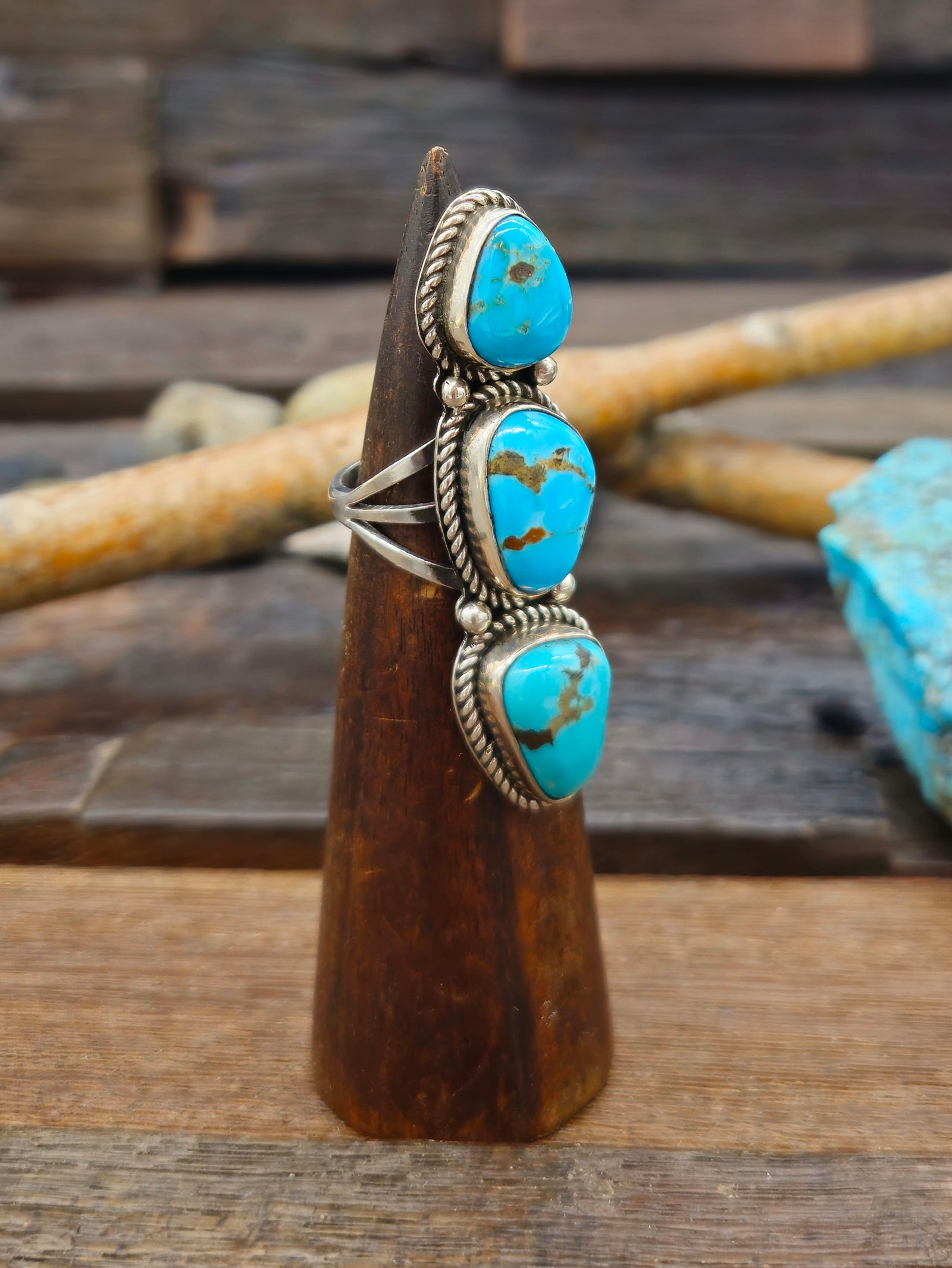 Three-Stone Kingman Turquoise Ring by Rosella Paxton - Size  9