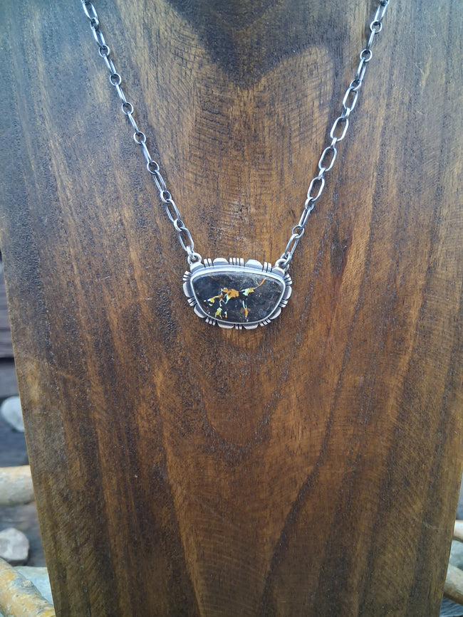 Black Jack Turquoise Rectangle Pendant Necklace 16in