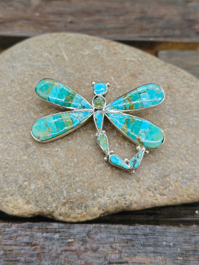 Turquoise Inlaid Dragonfly Pin/Pendant by Agnes Ahiyate
