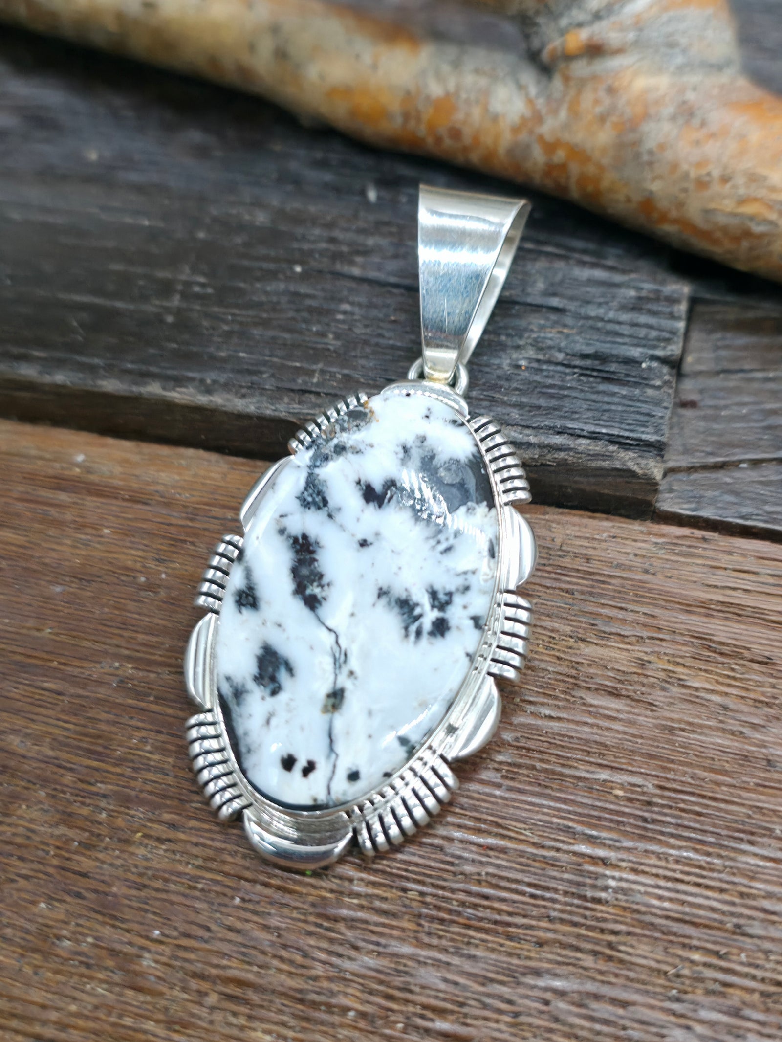 Oval White Buffalo Turquoise Sterling Silver Pendant by Rick Tolino