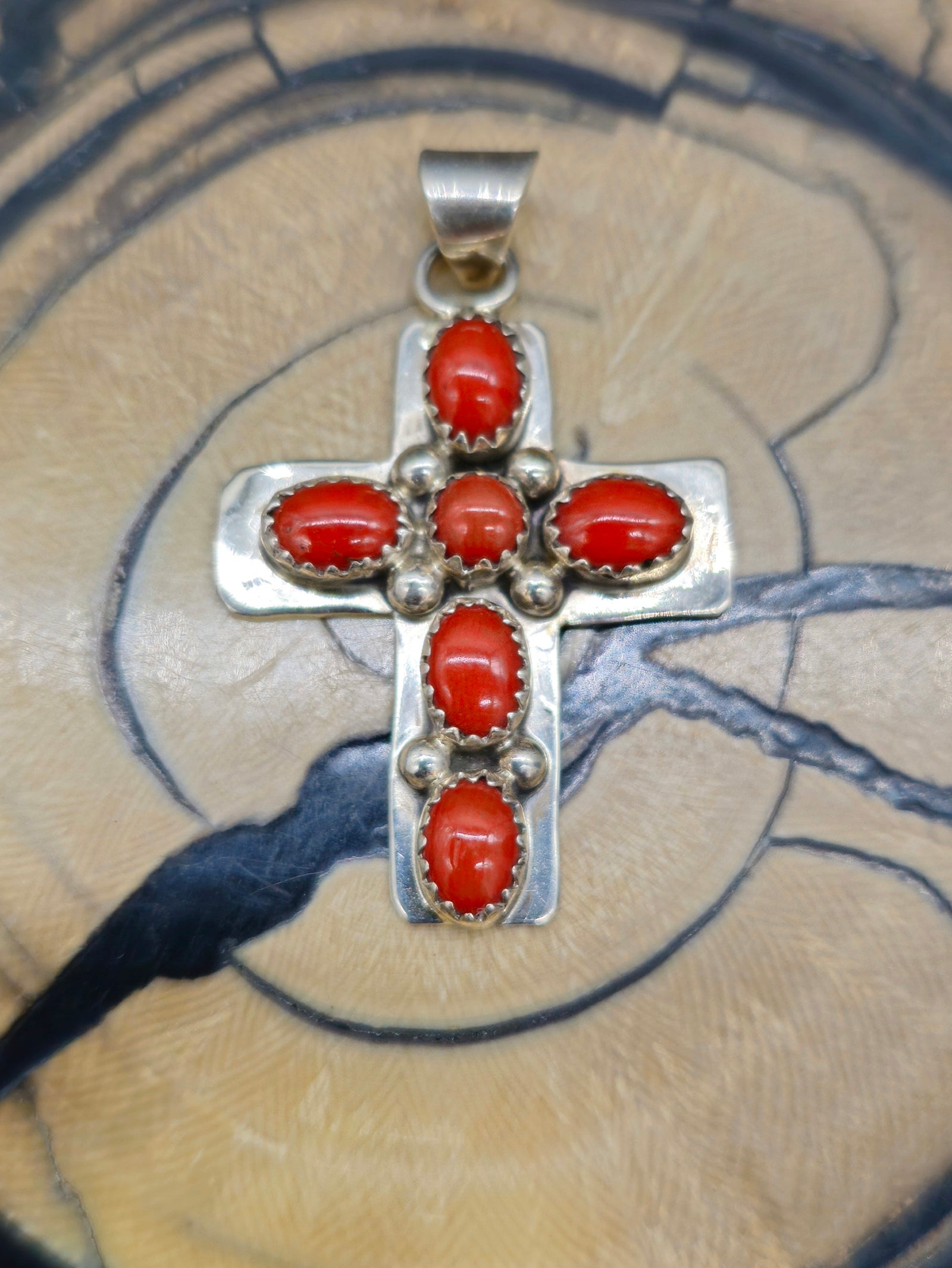 High-Shine Sterling Silver and Coral Cross Pendant - 1 1/2" by 1"