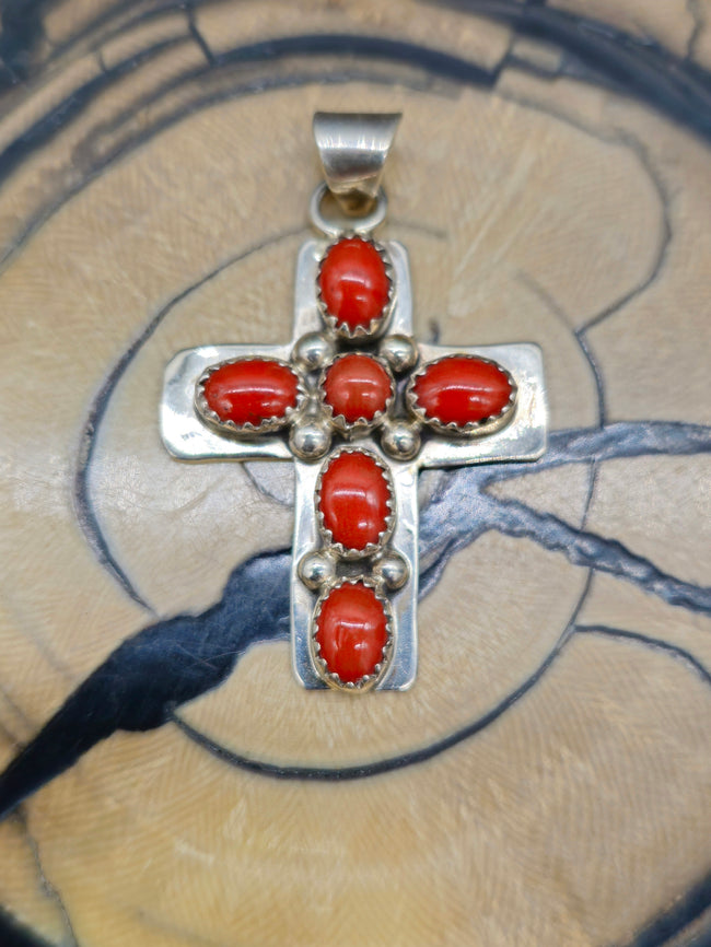 High-Shine Sterling Silver and Coral Cross Pendant - 1 1/2" by 1"