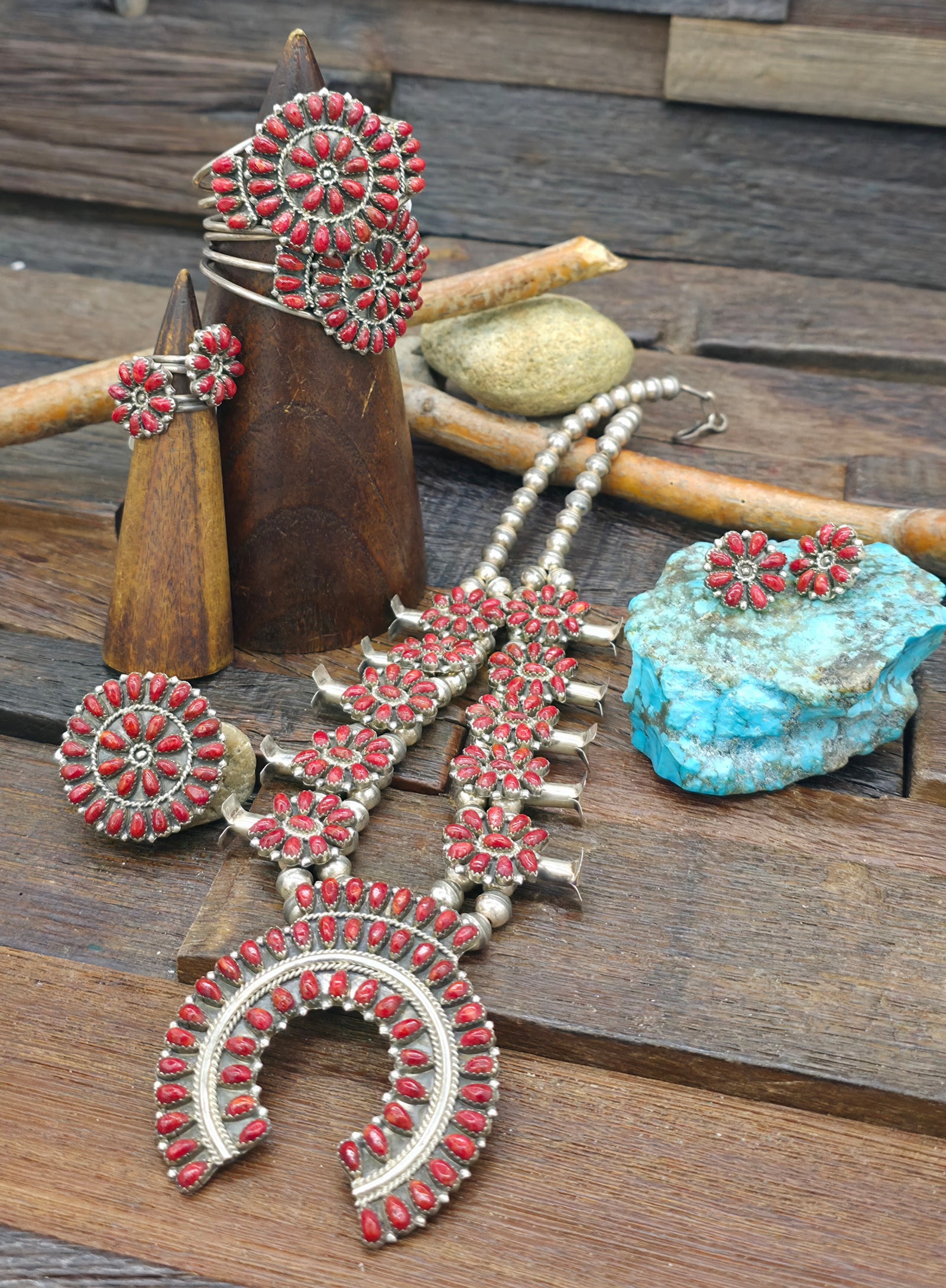 Seven Piece Sterling Silver Apple Coral Squash Blossom Necklace Set with Earrings, Two Adjustable Rings, Two Bracelets, and Pin/Pendant
