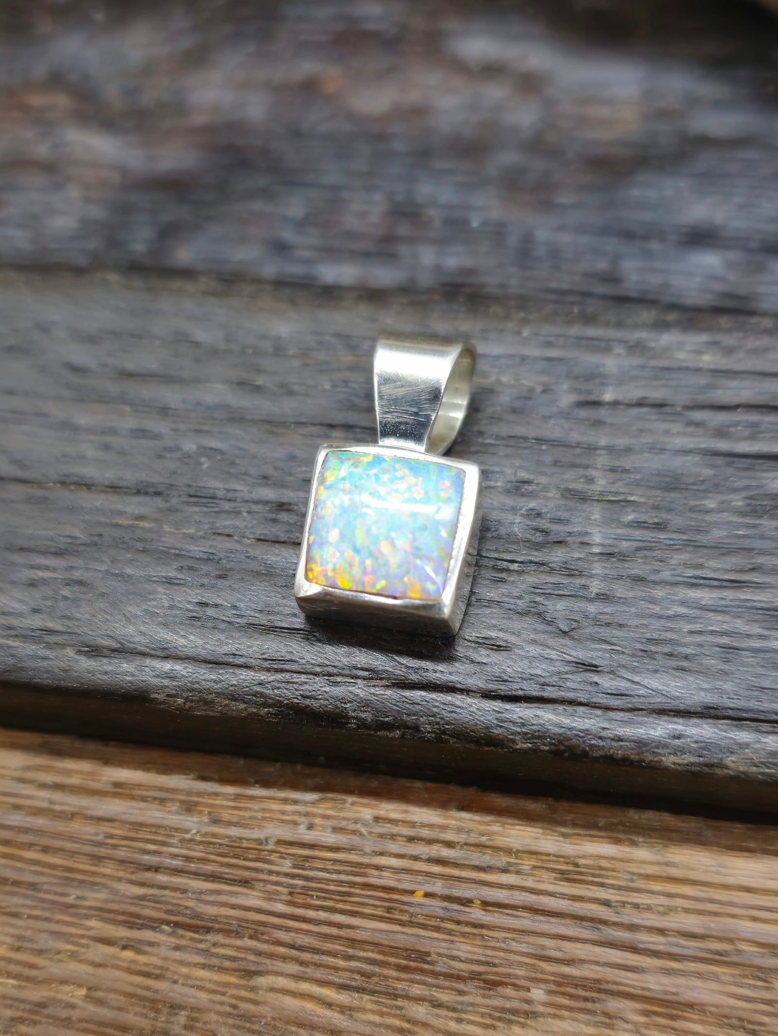Mini Square White Lab Opal Pendant