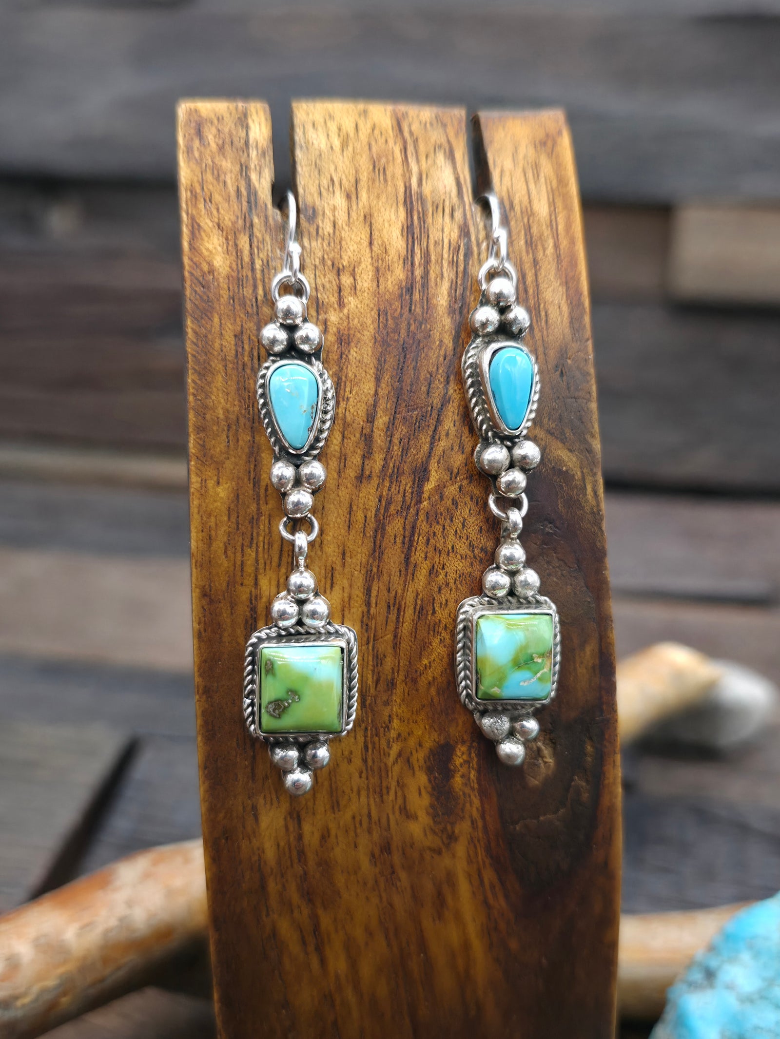 Sonoran Gold and Blue Gem Turquoise Sterling Silver Earrings by Rosella Paxton