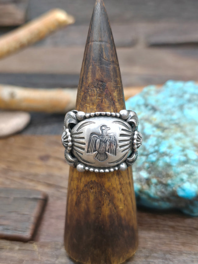 Stamped Sterling Silver Thunderbird Ring by Delbert Gordon - Size 14