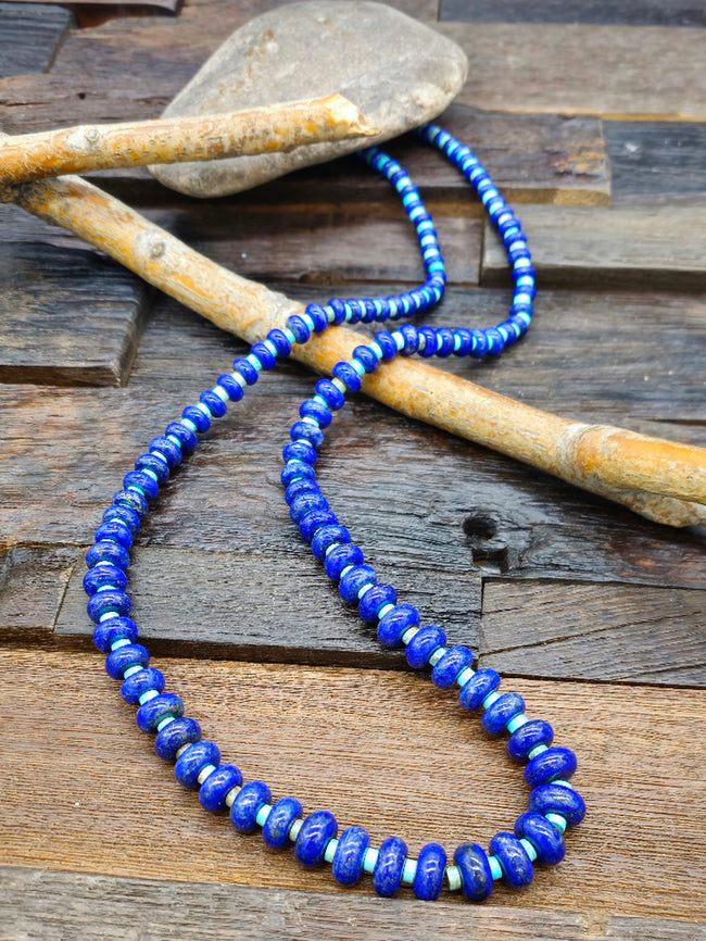 Turquoise and Lapis Lazuli Graduated Stone Bead Necklace by Ella Mae Garcia 30 in
