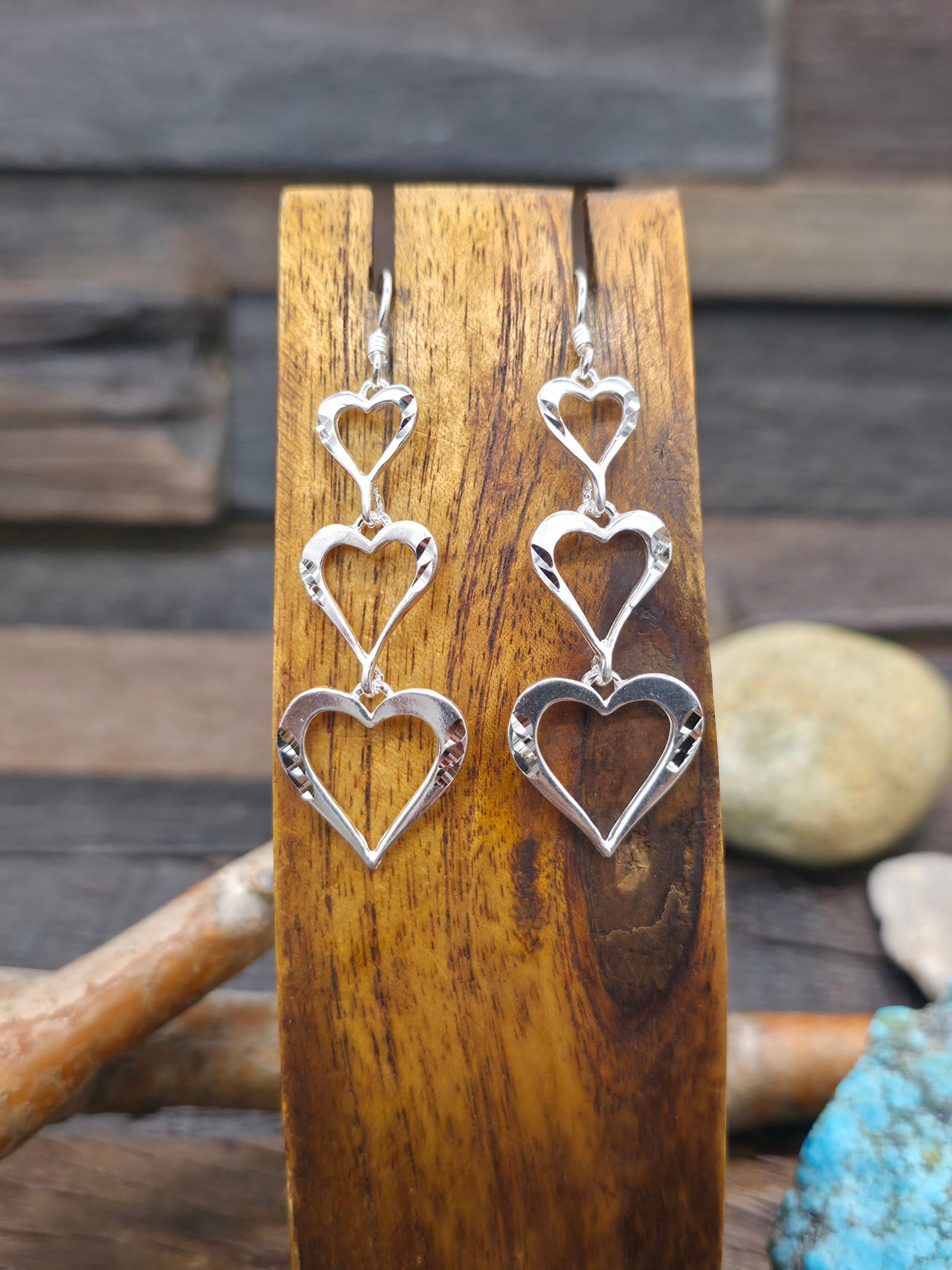 Triple Decker Dangle Heart Earrings - Non-Native Made - 2 1/2 in. by 3/4 in.