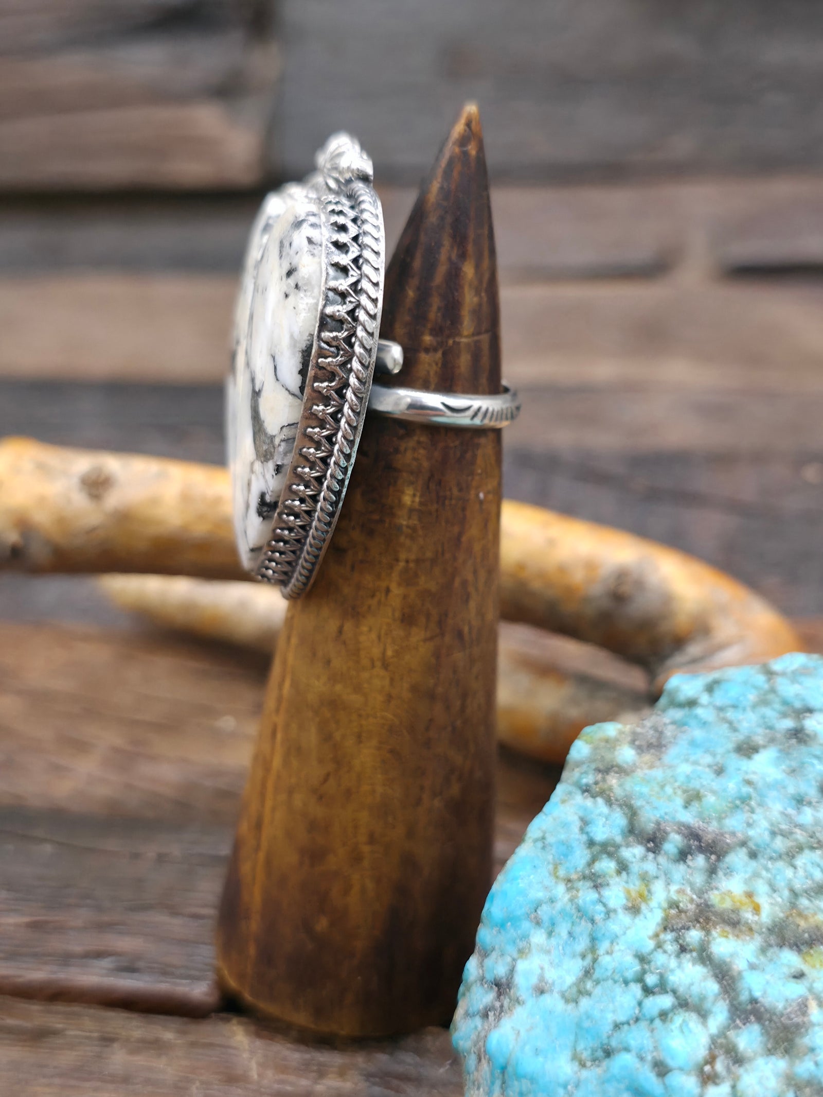 Large Sterling Silver White Buffalo Heart Ring by Brenda Jimenez - Adjustable