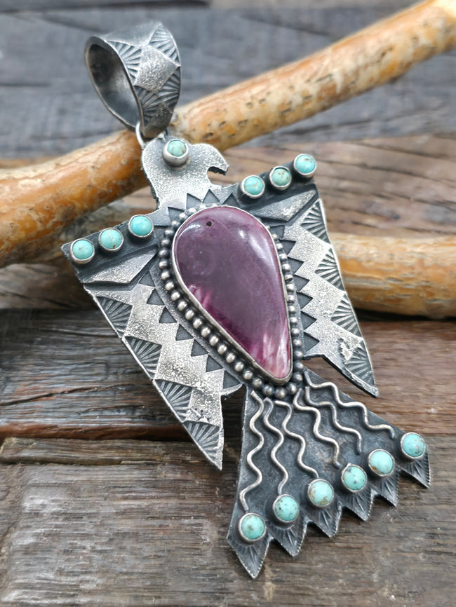 Cast and Stamped Sterling Silver, Turquoise, and Purple Spiny Oyster Thunderbird Pendant by Sean Cayatineto - 4 in. by 2 in.