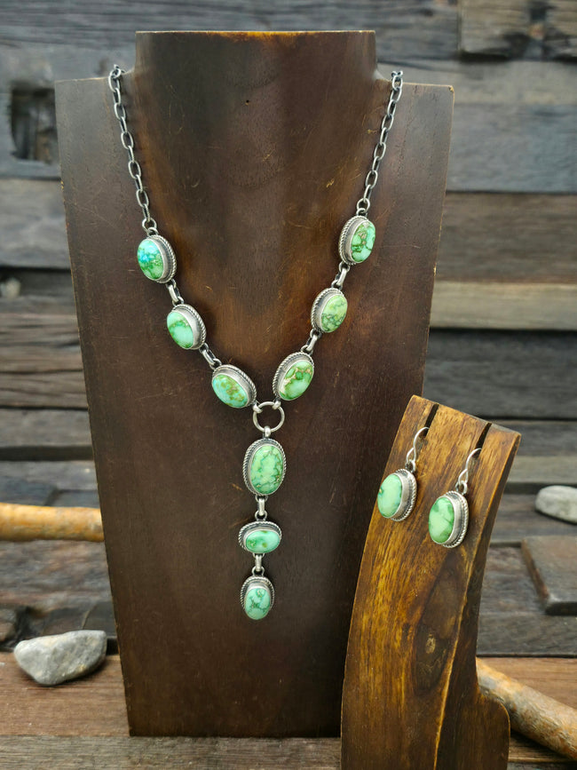 Green Turquoise Sterling Silver Lariat Necklace and Earring Set -  20in.