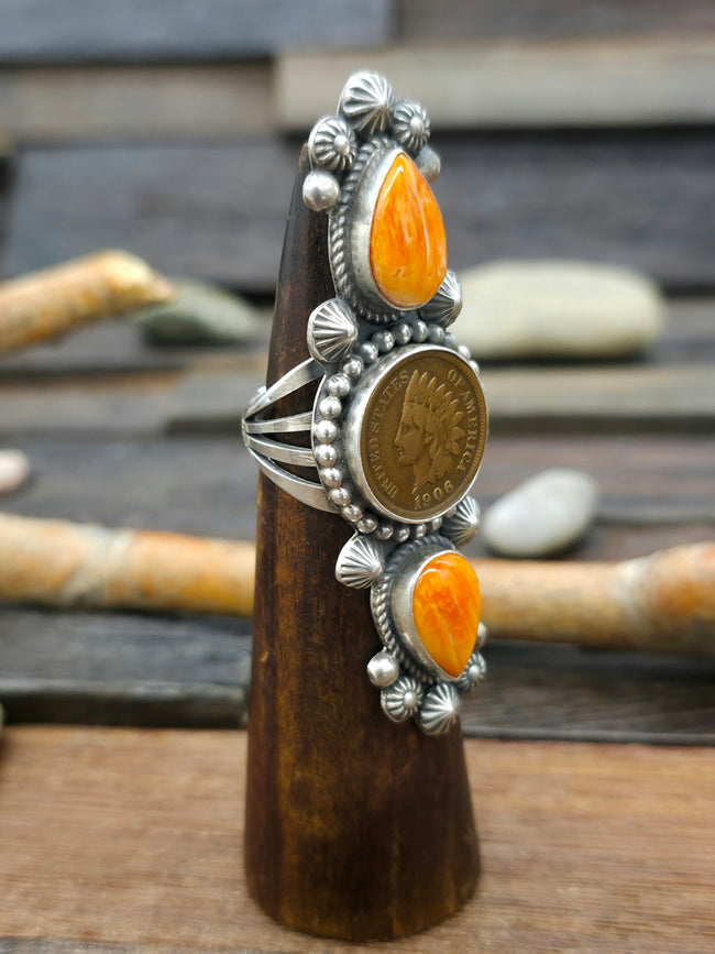 Sterling Silver and Spiny Oyster Ring with 1906 Copper Penny by Rosella Paxton - Size 9