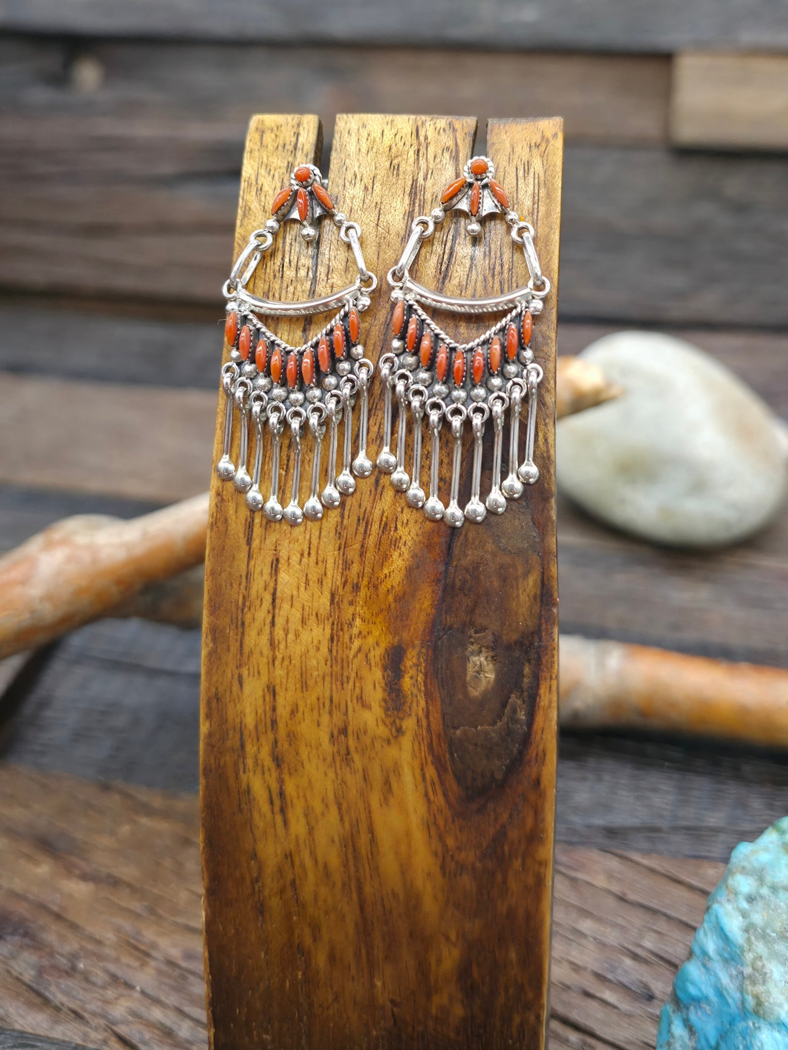 Sterling Silver Coral Zuni Needlepoint Earrings by Stewart Naketewa - 1 3/4 in. by 3/4 in.