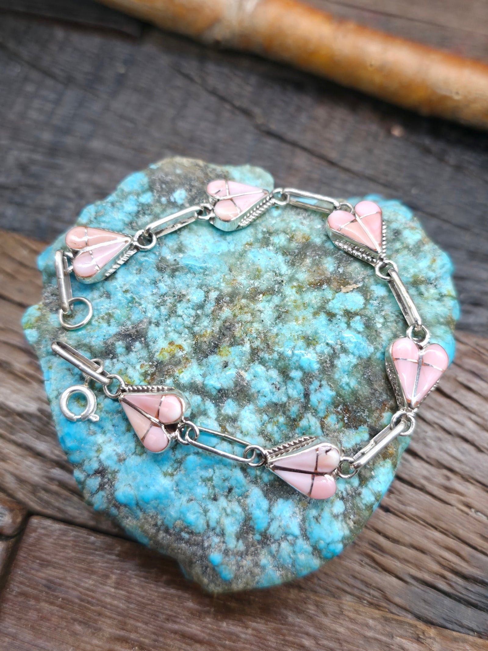 Sterling Silver Pink Conch Shell Heart Inlay Bracelet by Valda Natacio - 7 in.