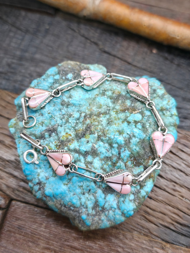 Sterling Silver Pink Conch Shell Heart Inlay Bracelet by Valda Natacio - 7 in.