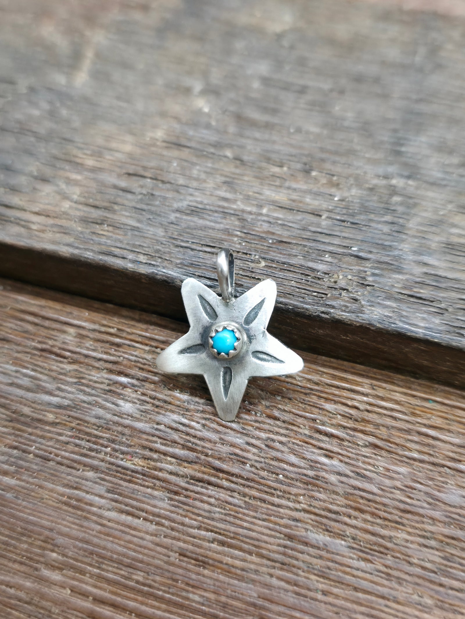 Stamped Sterling Silver Turquoise Star Charm Pendant by Pauline Nelson - Designs Vary - 3/4 in. by 5/8 in