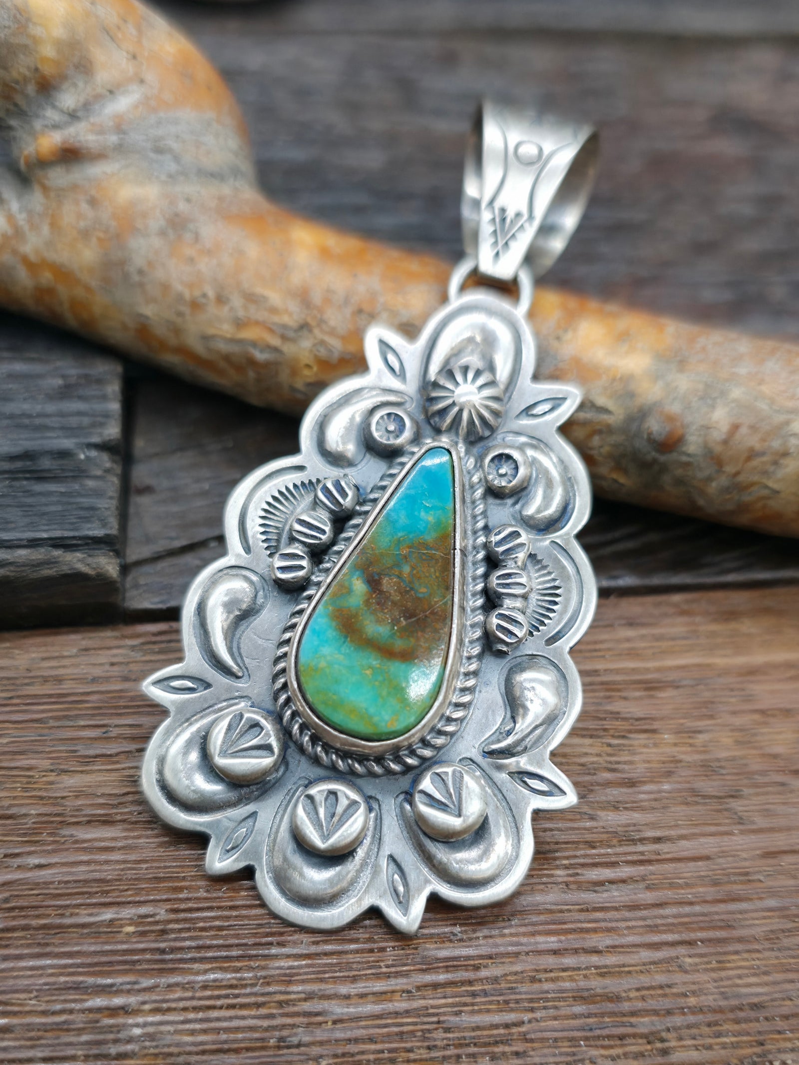 Blue Gem Turquoise and Sterling Silver Stamped Pendant by Dean Sandoval Jr