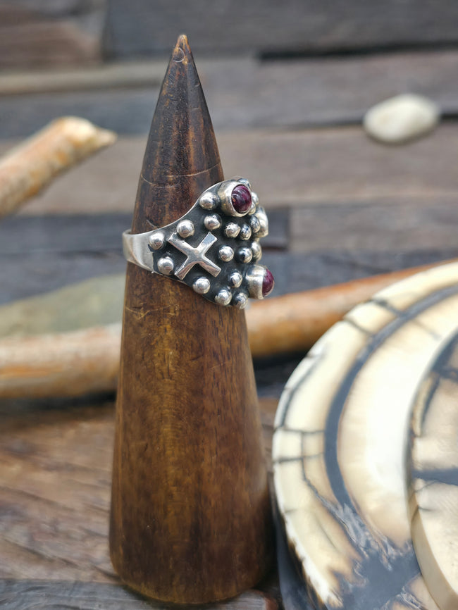 Sterling Silver Cross and Raindrop Purple Spiny Ring by Geneva Apachito - Size 9 1/2