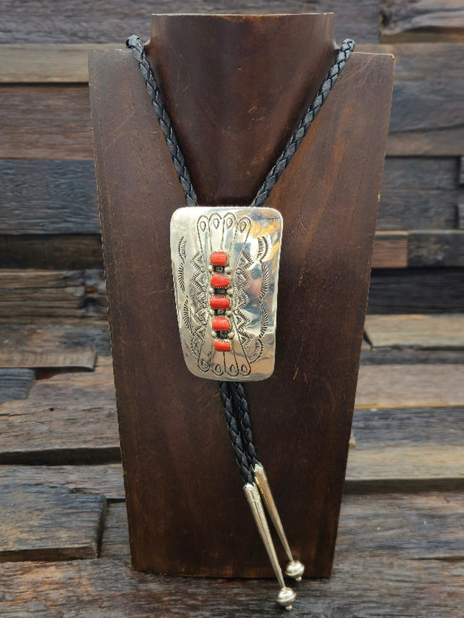 High-Shine Sterling Silver Bolo Tie with Five Coral Stones by Jolene Begay