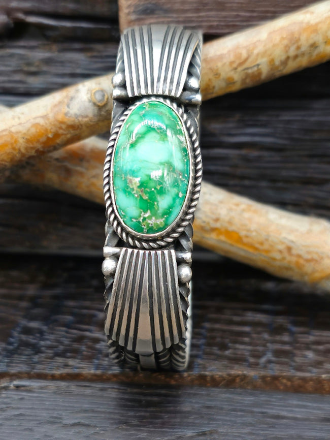 Oxidized Sterling Silver and Broken Arrow Turquoise Bracelet by Albert Jake 7 in
