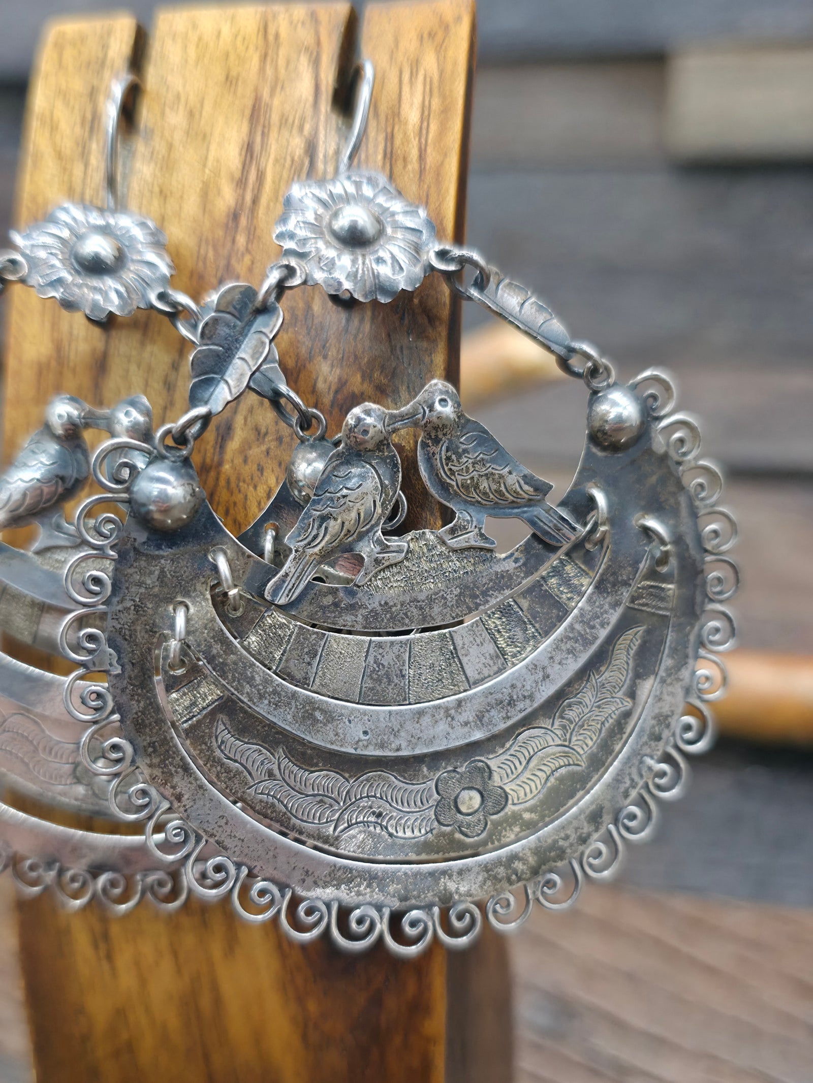 Vintage/Estate Stamped Sterling Silver Floral Bird Earrings by Federico Jimenez - 3 in. by 2 1/4 in.