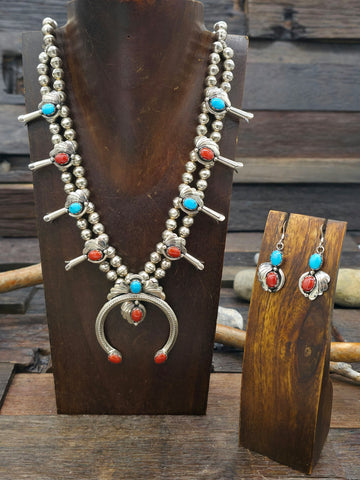 Black Onyx Squash Blossom Necklace and Earring Set by Linda Yazzie 28 in.