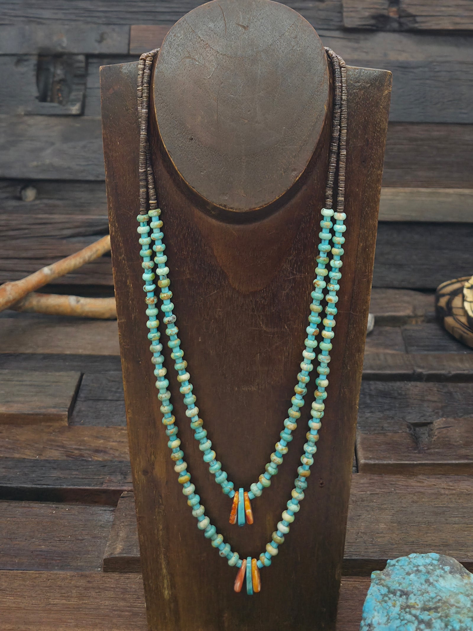 Two Strand Turquoise, Spiny, and Olive Shell Heishi Necklace by Robert Coriz - 20 in.