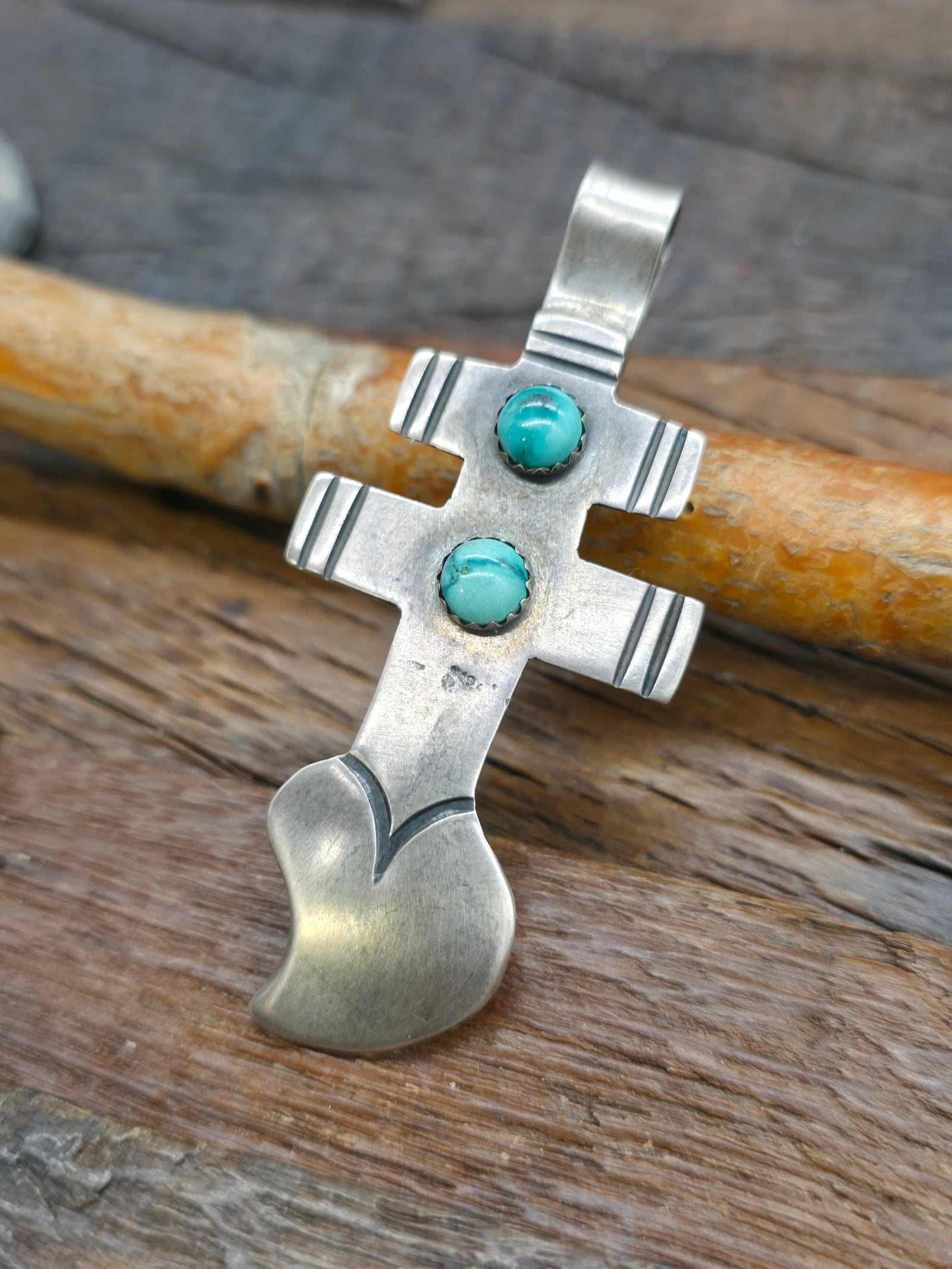 Sterling Silver and Skyhorse Turquoise Dragonfly Symbol Pendant by Lawrence Archuleta - 2 3/4 in. by 1 1/4 in.
