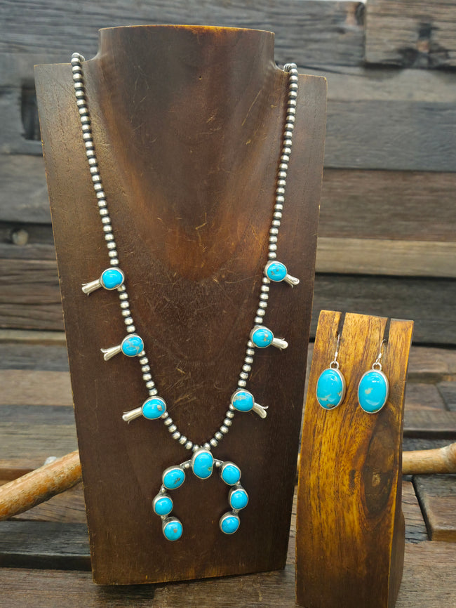 Sterling Silver Turquoise Squash Blossom Necklace and Earring Set by Jason Livingston - 23 in.