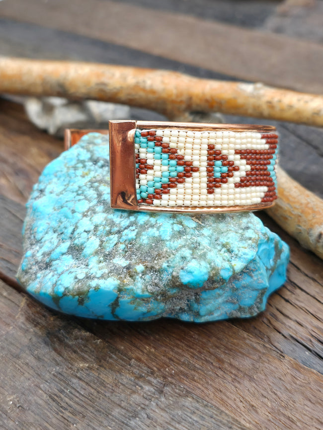 Brown White and Turquoise Rug Design Beadwork Cuff on Copper by Jimmy Begay - 8 in. with Gap