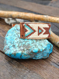 Brown White and Turquoise Rug Design Beadwork Cuff on Copper by Jimmy Begay - 8 in. with Gap