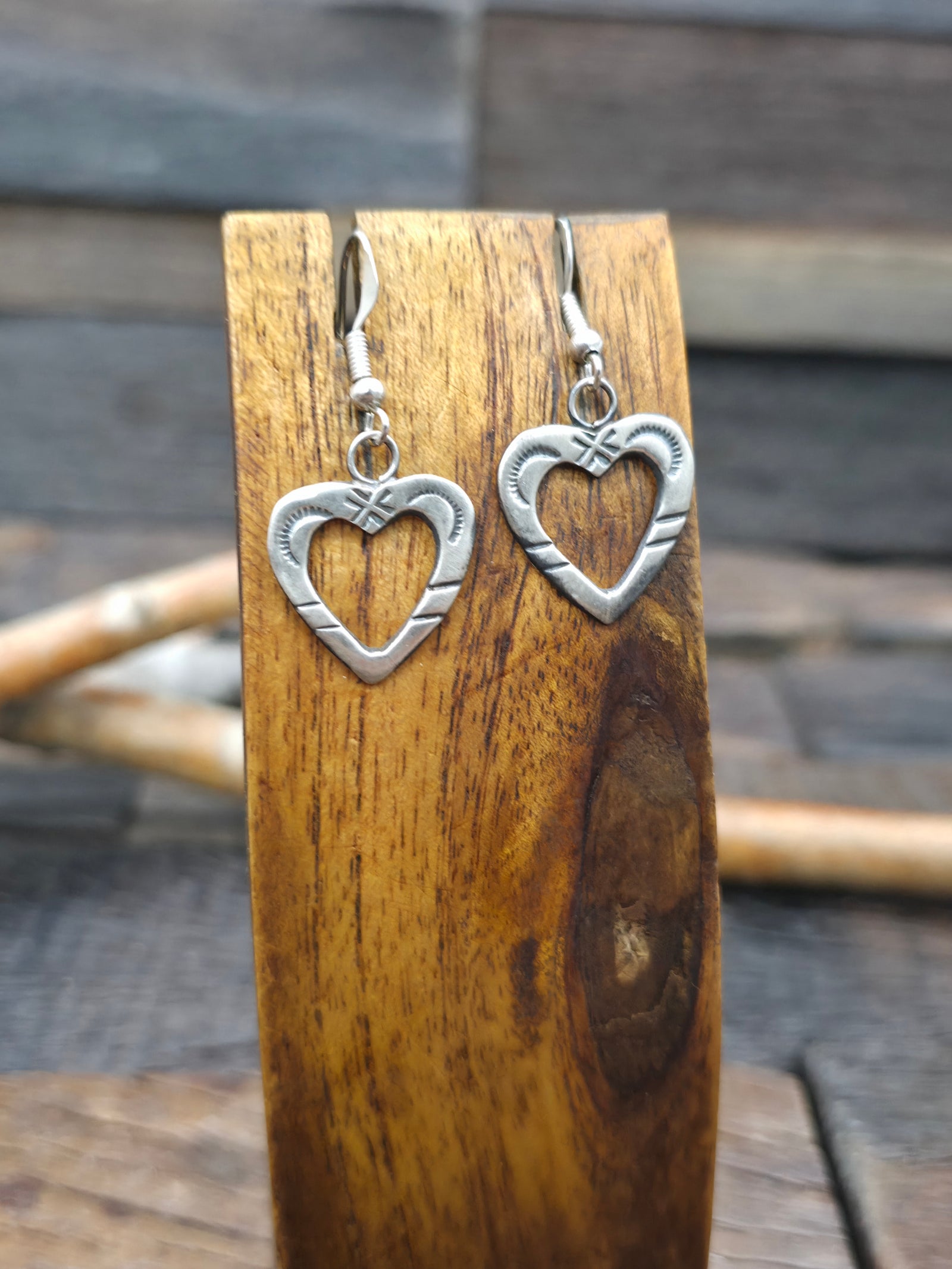 Oxidized Stamped Sterling Silver Heart Earrings - Stampwork Varies - 1 1/2 in. by 3/4 in.