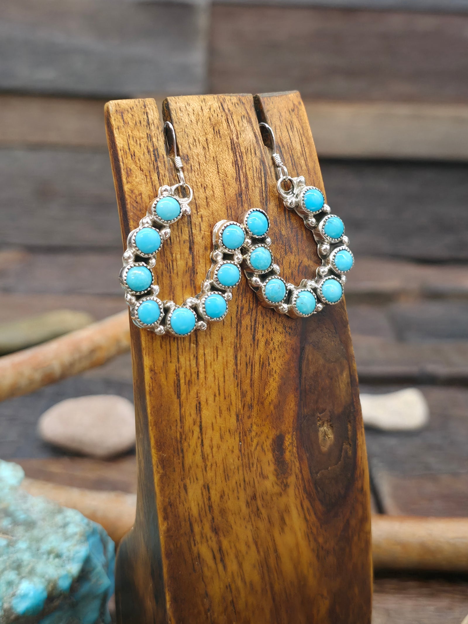 Sterling Silver Turquoise Horseshoe Earrings by Angie Platero - 1 3/4 in. by 3/4 in.
