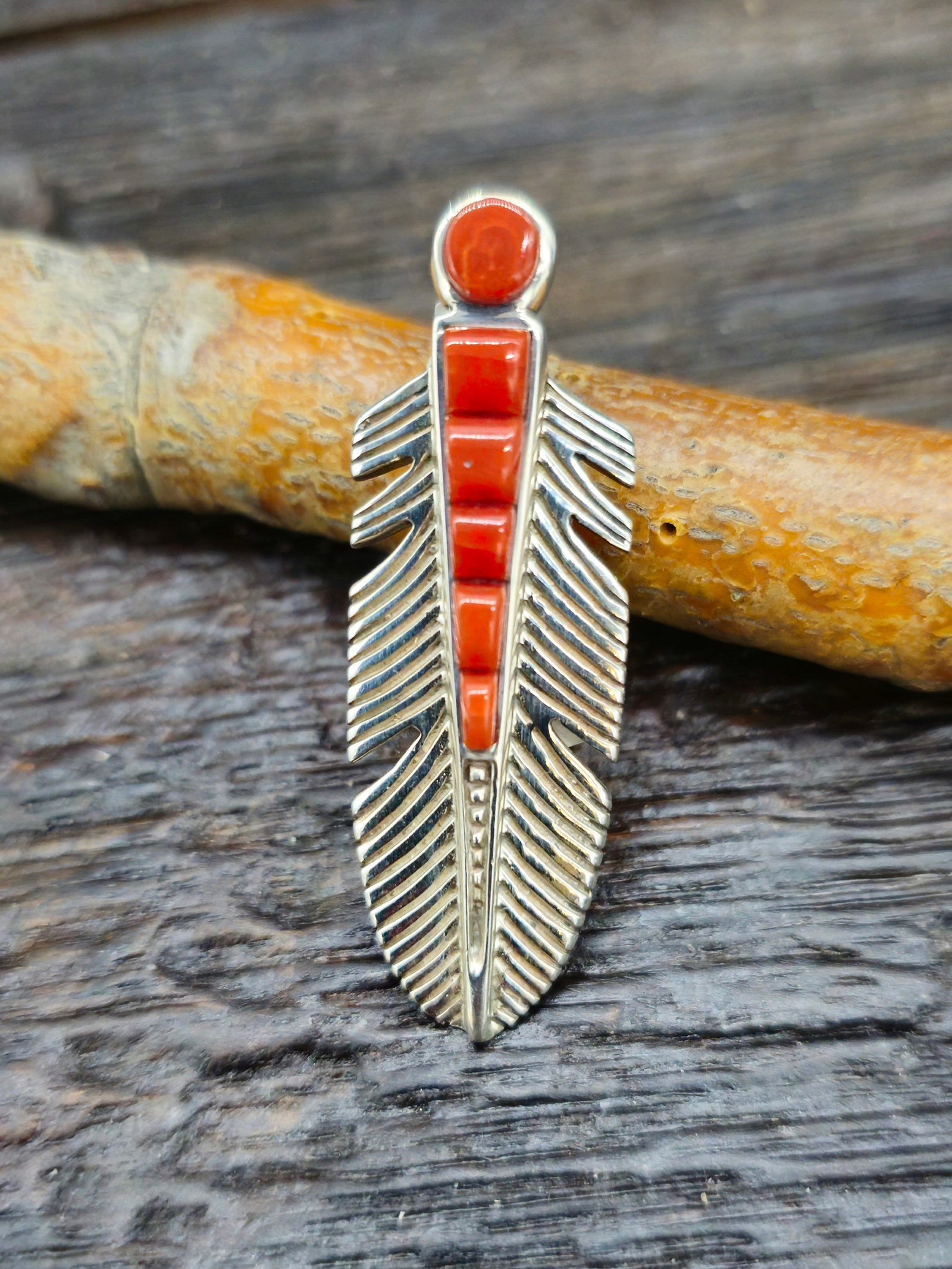 Coral Cobblestone Inlay Sterling Silver Feather Pendant