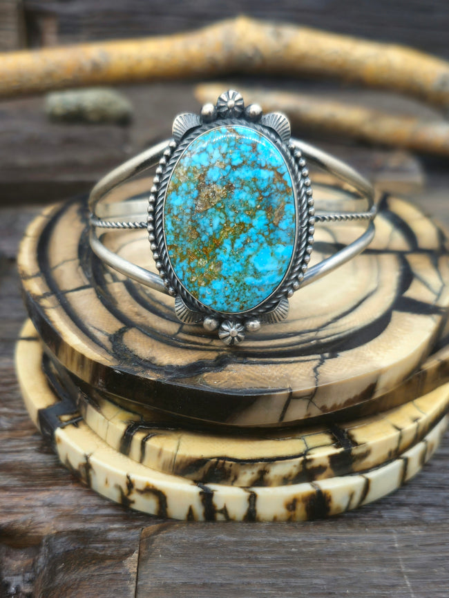 Oxidized Sterling Silver and Turquoise Large Stone Cuff by Eli Skeets - 6 1/2 in.