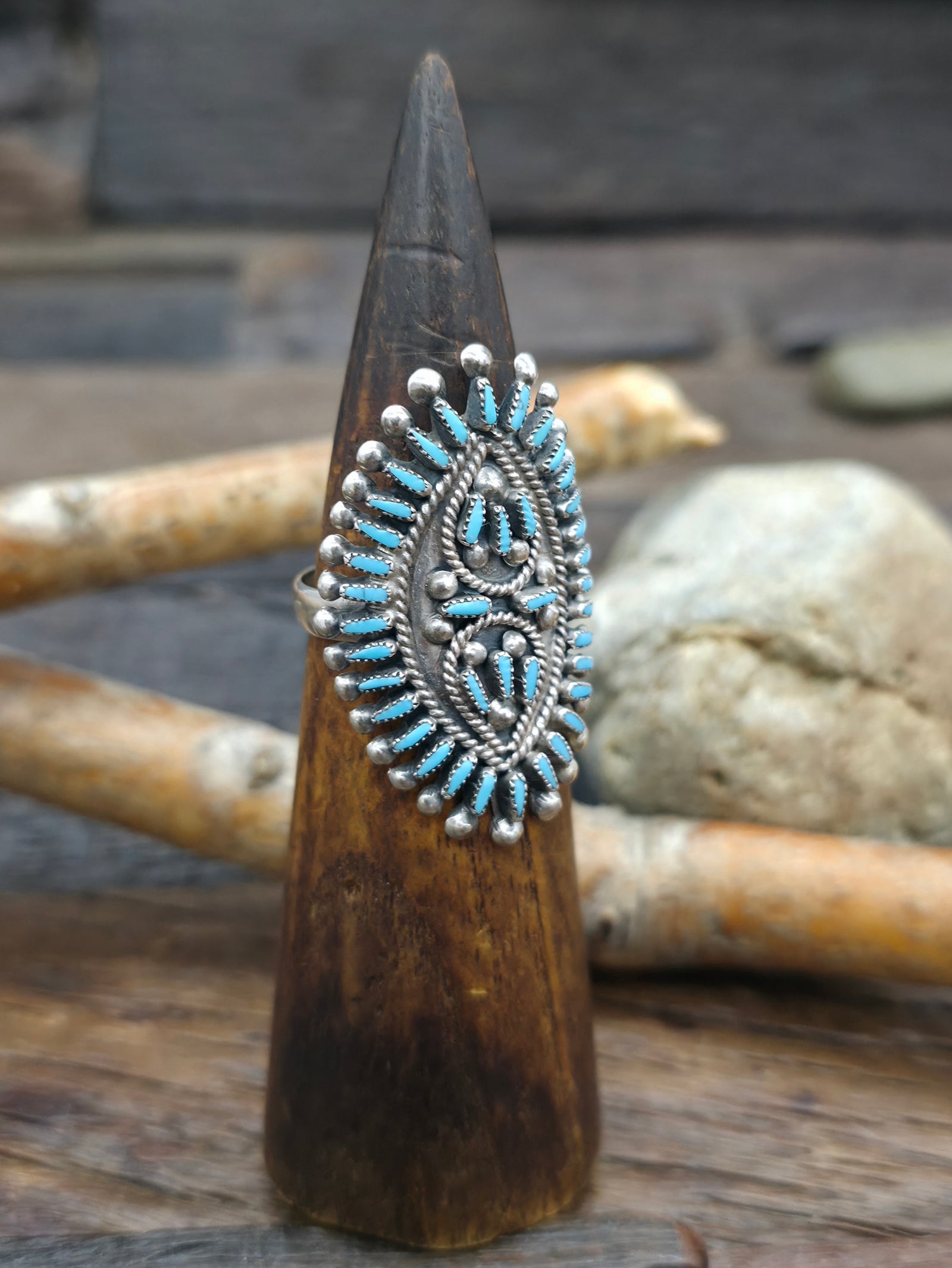 Sterling Silver Turquoise Needlepoint Ring by V.S. Johnson - Size 11