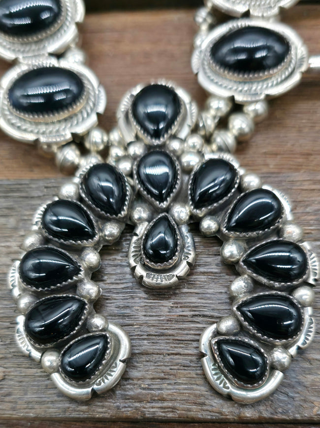 Sterling Silver Onyx Squash Blossom Necklace by M. Thomas - 26 in.