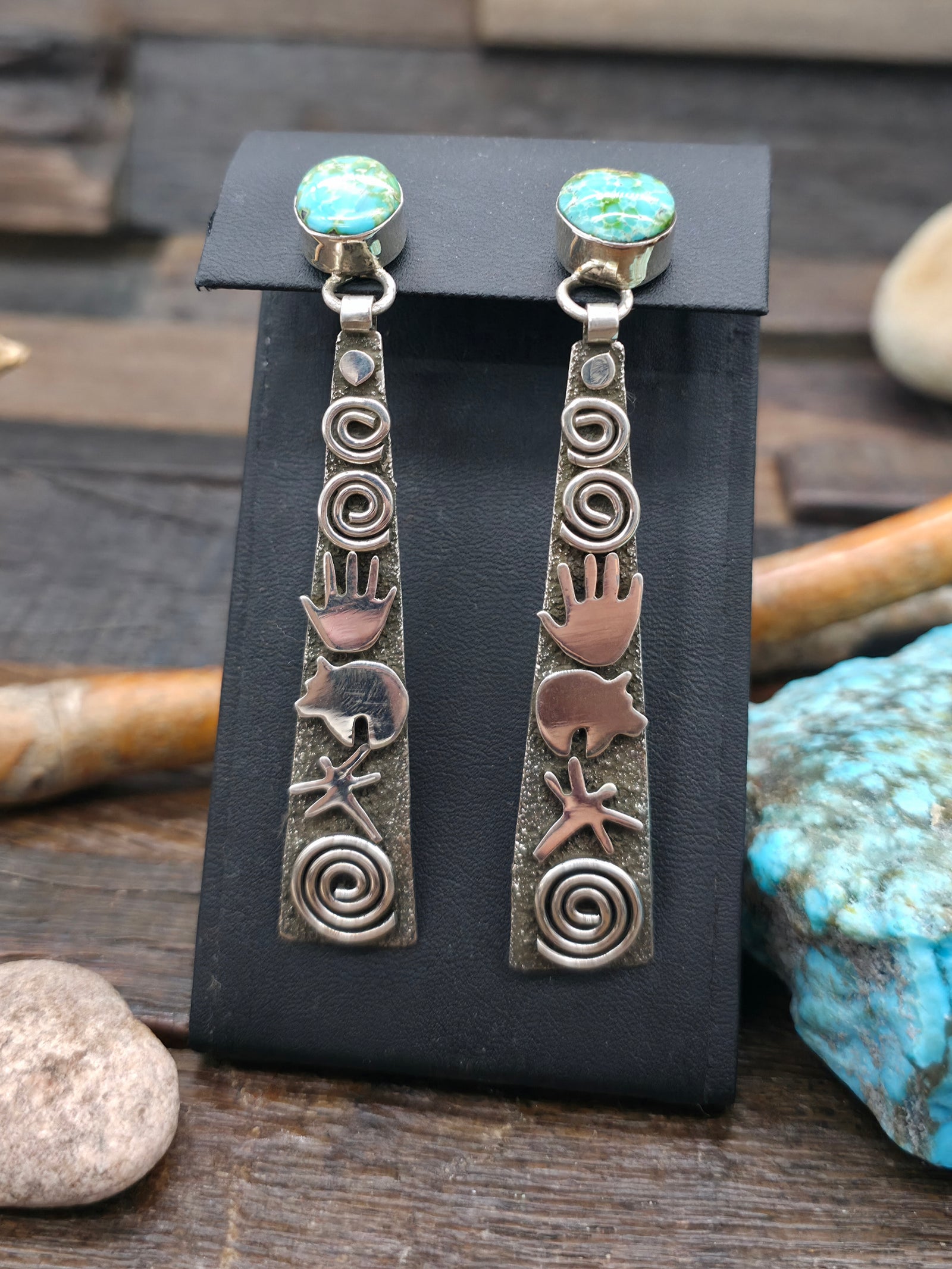 Sterling Silver Sonoran Turquoise Petroglyph Earrings by Alex Sanchez - 3 1/2 in. by 5/8 in.