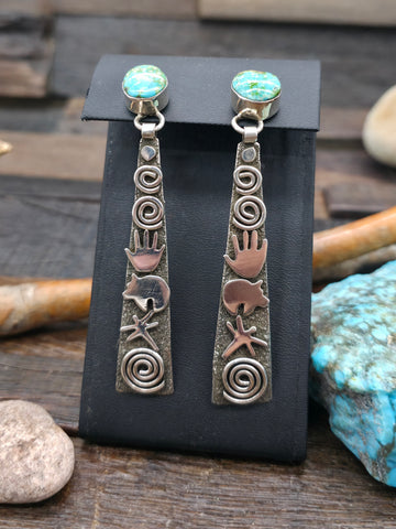 Sterling Silver Royston Turquoise Petroglyph Earrings by Alex Sanchez - 3 1/2 in. by 5/8 in.