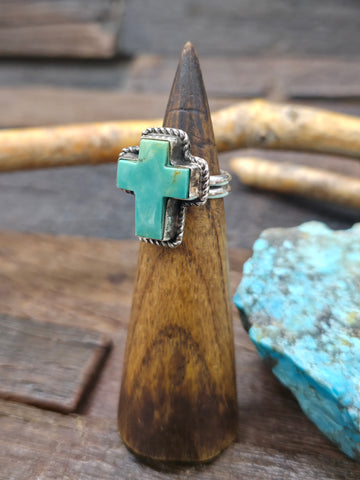 Sterling Silver Turquoise and Coral Needlepoint Ring by Ed C. - Size 6 1/2