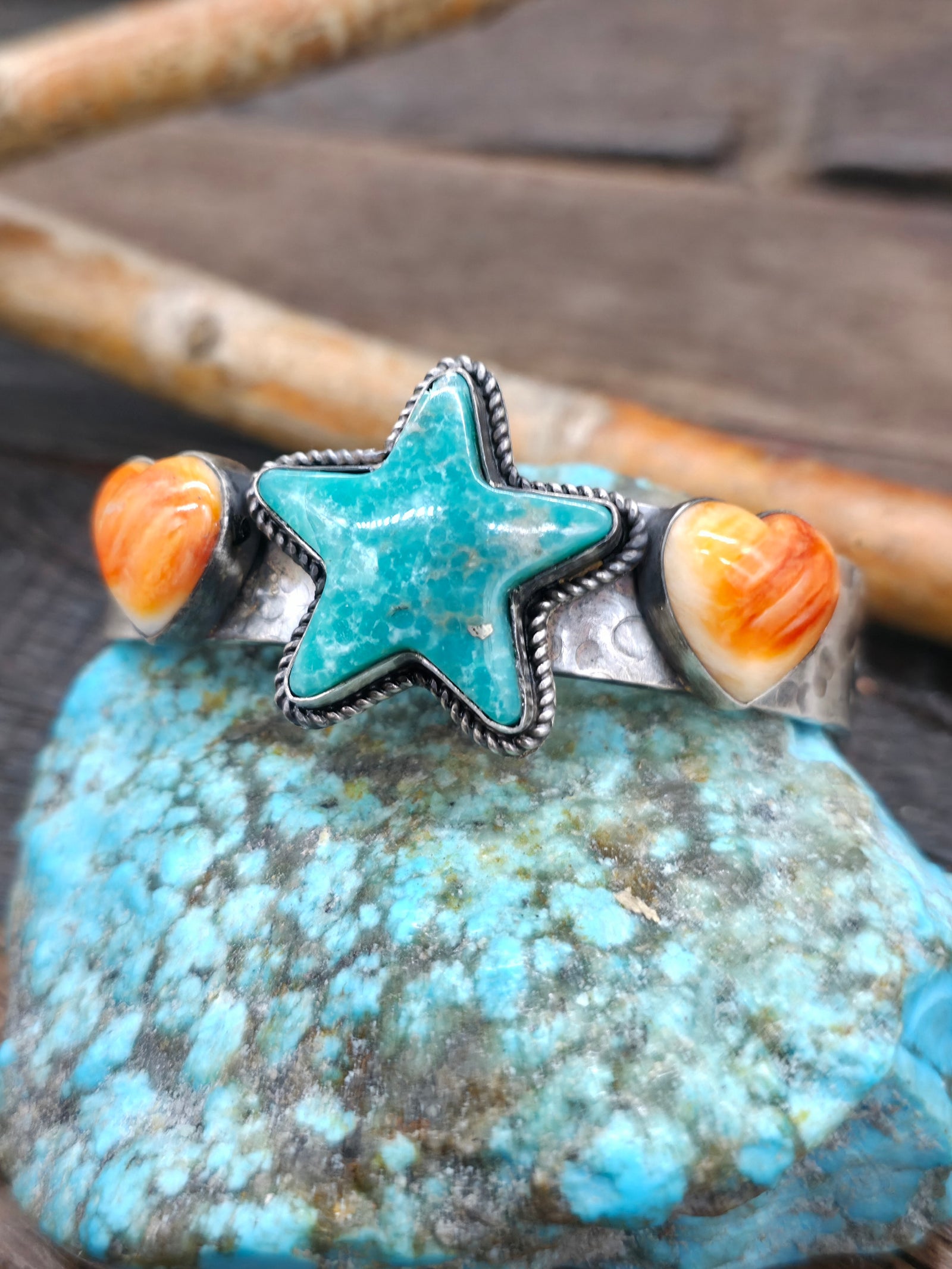Sterling Silver Turquoise Star and Orange Spiny Heart Bracelet by Rosella Paxson - 6 3/4 in. with Gap