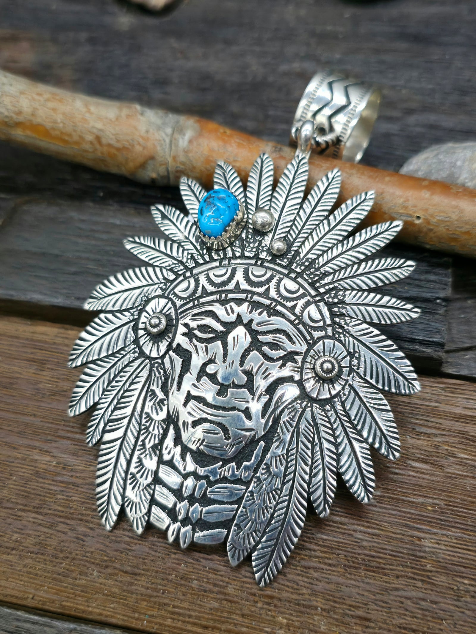 Large Sterling Silver and Turquoise Chief Face Pendant by Richard Singer