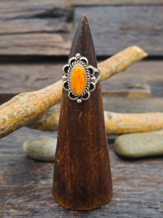 Sterling Silver and Orange Spiny Oyster Ring by Priscilla Smith- Size 7